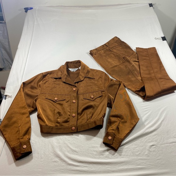 Lorraine Wardy Pants - Lorraine Wardy Vintage Brown Two-Piece Suit button down jacket pant set sequins